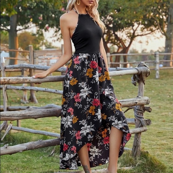 Floral Print Tulip Hem Tie Back Halter Dress - Picture 6 of 8